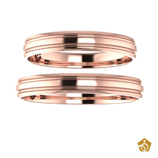 Par de Aliança Artística de Ouro Rosa 18k - frisos paralelos