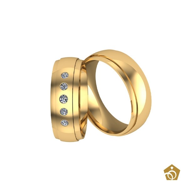 Par de Aliança Artística de Ouro Amarelo 18k - Bordas Rebaixadas - Gemas Centrais
