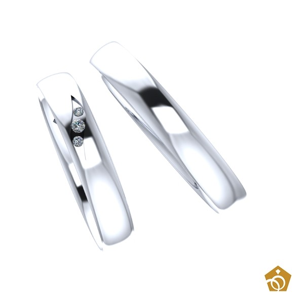 Par de Aliança Artística de Ouro Branco 18k - três gemas