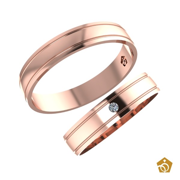Par de Aliança Artística de Ouro Rosa 18k - frisos paralelos e gema 