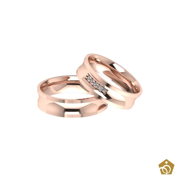 Par de Aliança Artística de Ouro Rosa 18k - Formato Calha - Gemas
